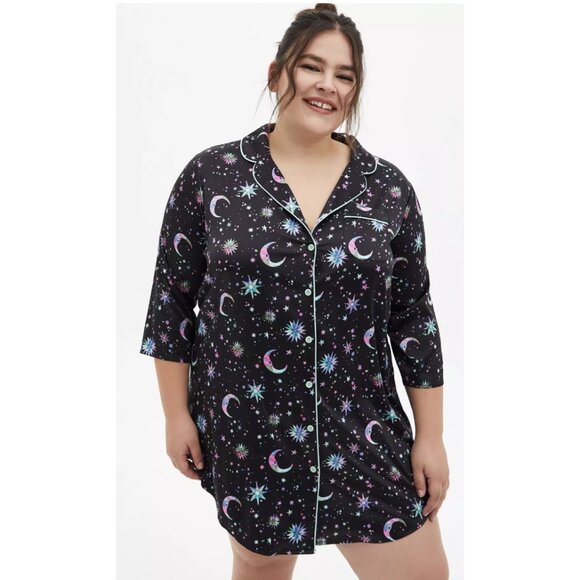 TORRID Dream Satin Button Through Sleep Gown Black Celestial Moon Plus Size 1X - Picture 1 of 15